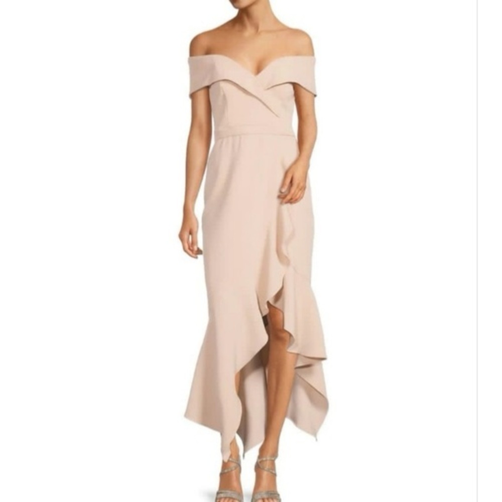 Xscape Pink Ruffled Asymmetrical Gown